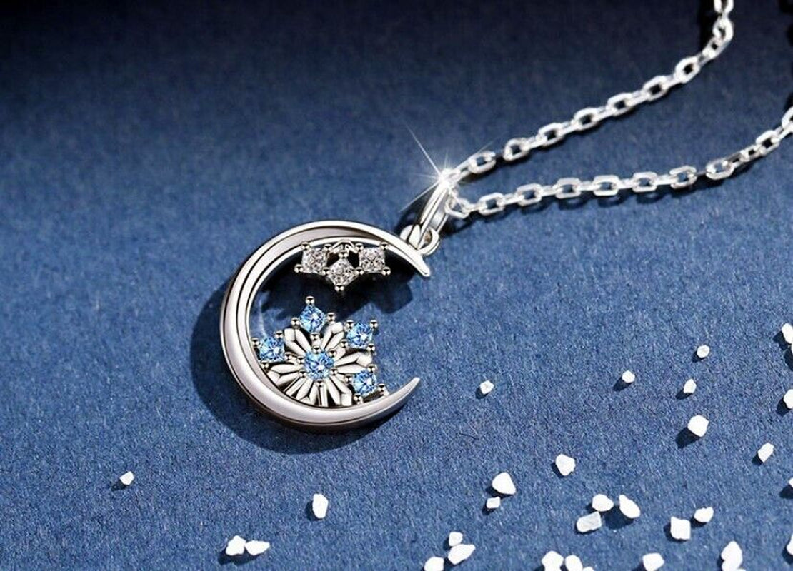 Crystal Snowflake Moon Pendant 925 Sterling Silver Necklace Women Jewellery Gift