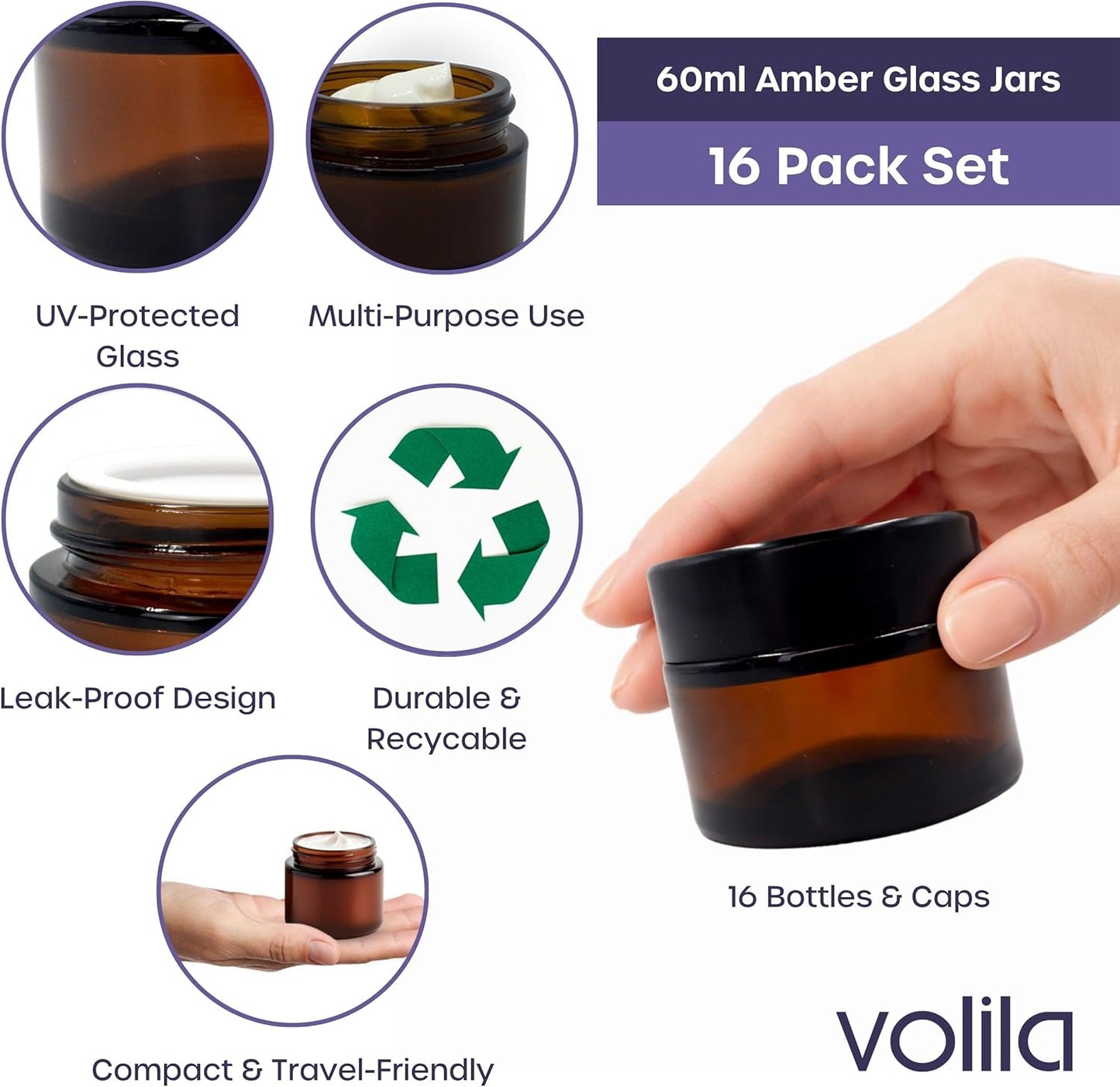 16-Pack Amber Glass Jars (60ml) with Lids - Brown Travel Cosmetic Containers with Spatula - UV Protection for Powders, Lotions, and Creams