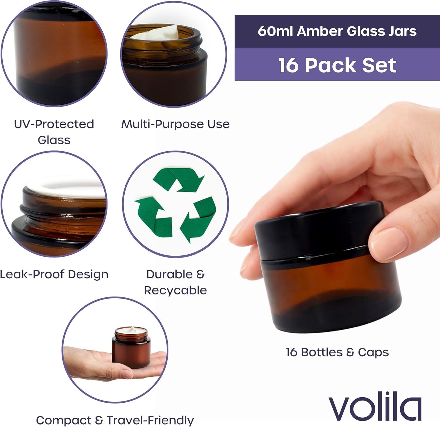 16-Pack Amber Glass Jars (60ml) with Lids - Brown Travel Cosmetic Containers with Spatula - UV Protection for Powders, Lotions, and Creams