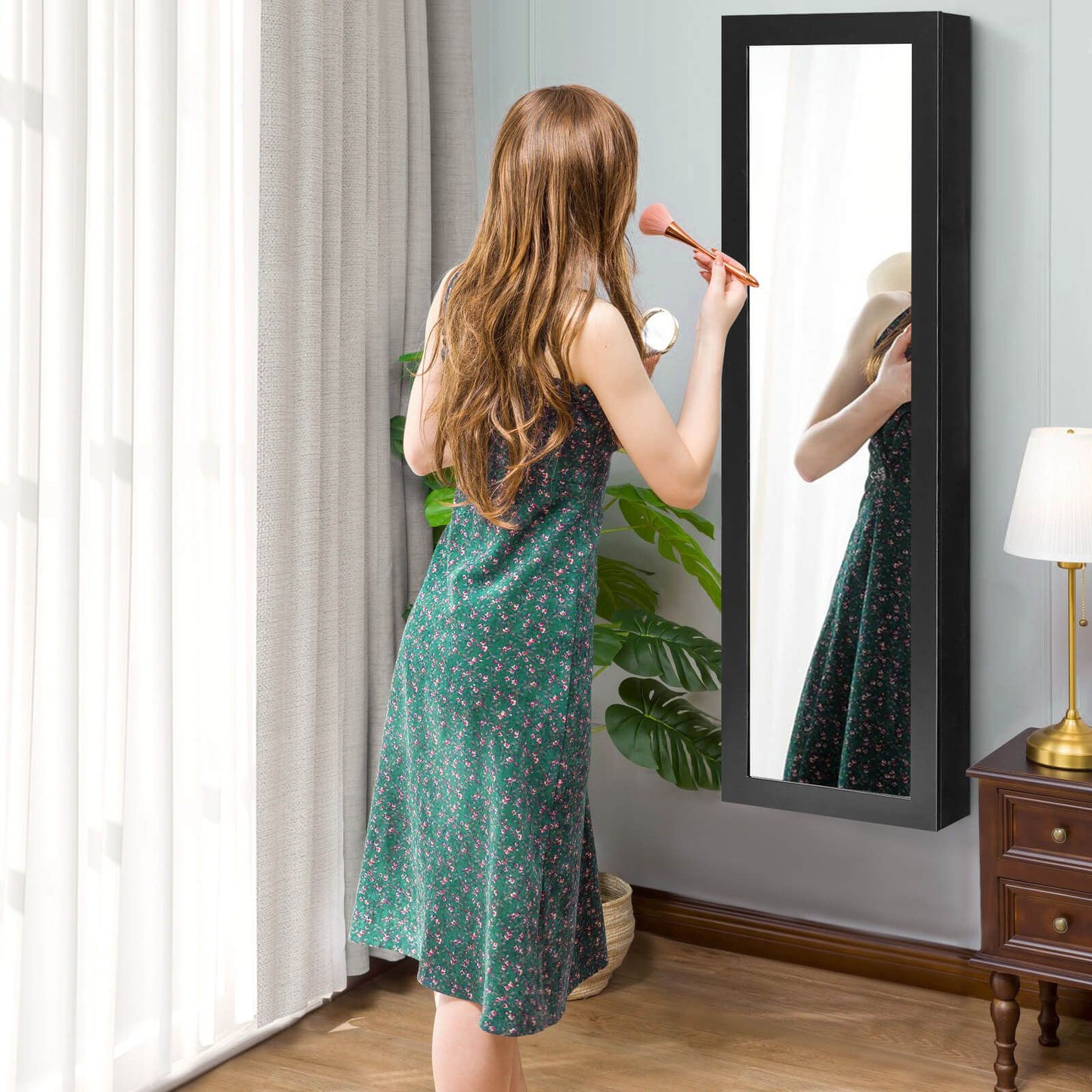 Wall Mounted Jewellery Armoire with Built-In Mirror and 3 Shelves