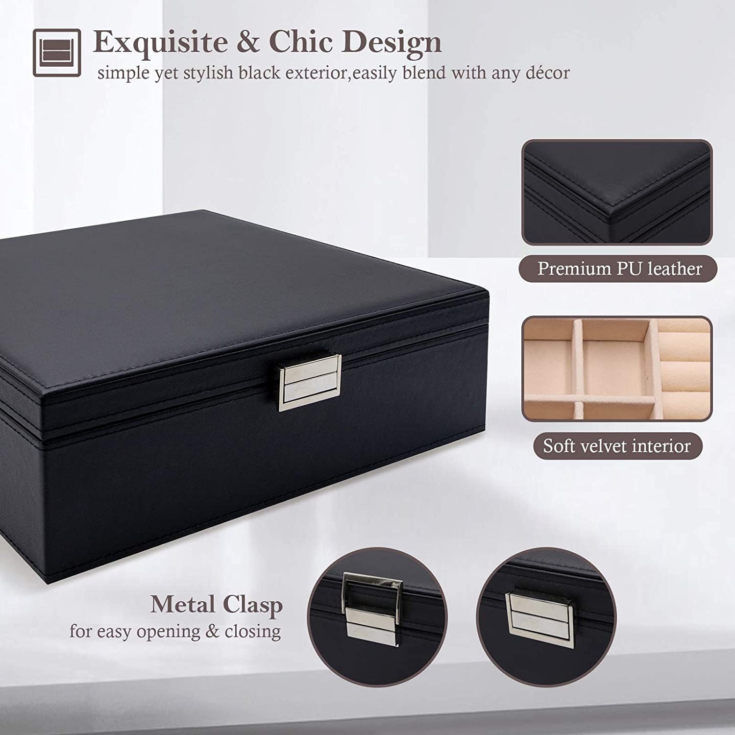 Jewellery Box Organiser, Large Jewellery Boxes with 2 Tiers, Gift Jewellery Storage Cases with Removable Divider for Earrings, Bracelets, Rings, Necklaces -Black