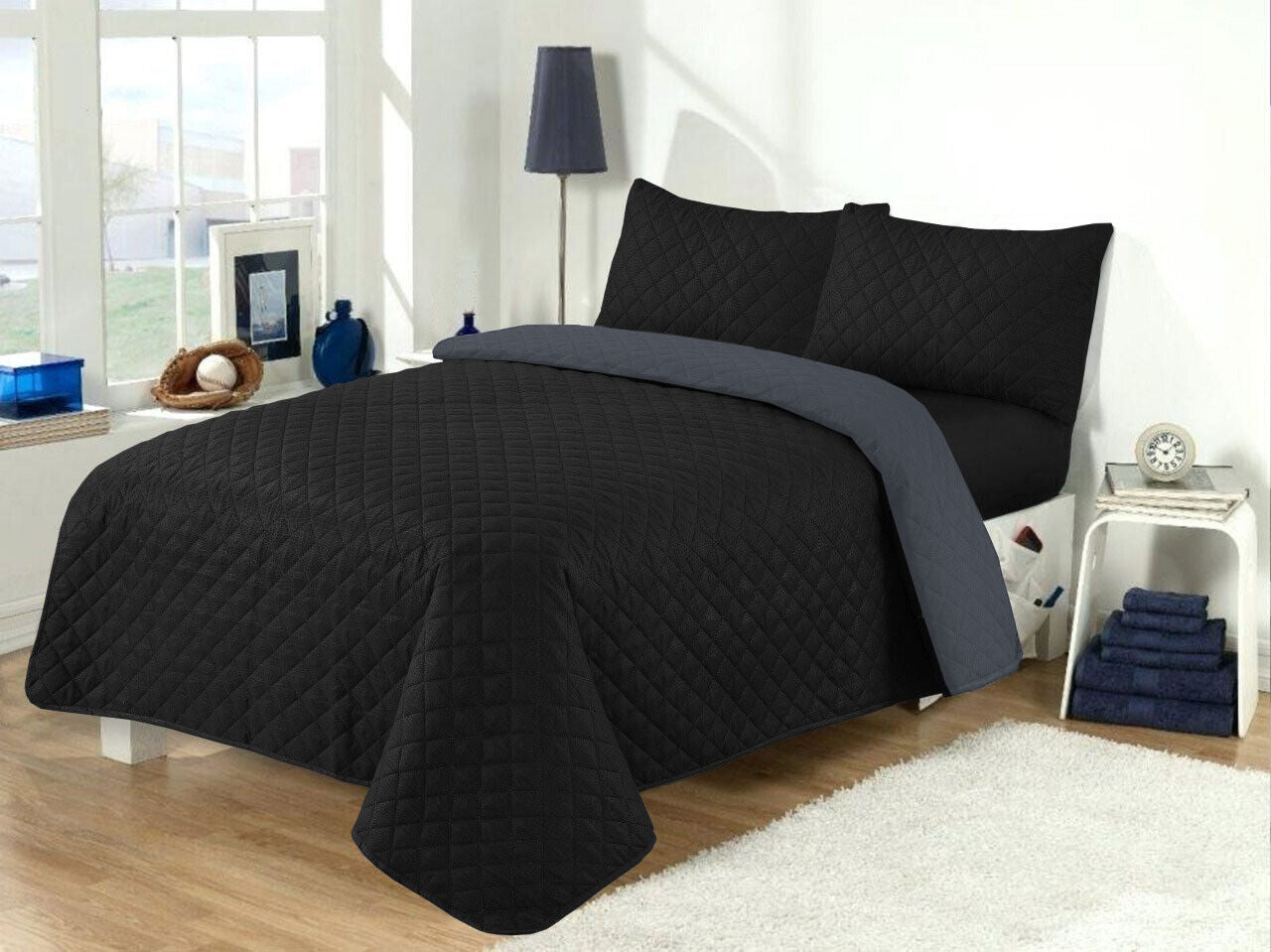 LUXURY EMBOSSED QUILTED BEDSPREAD SOFA THROW 3Pcs BEDDING SET COMFORTER DOUBLE