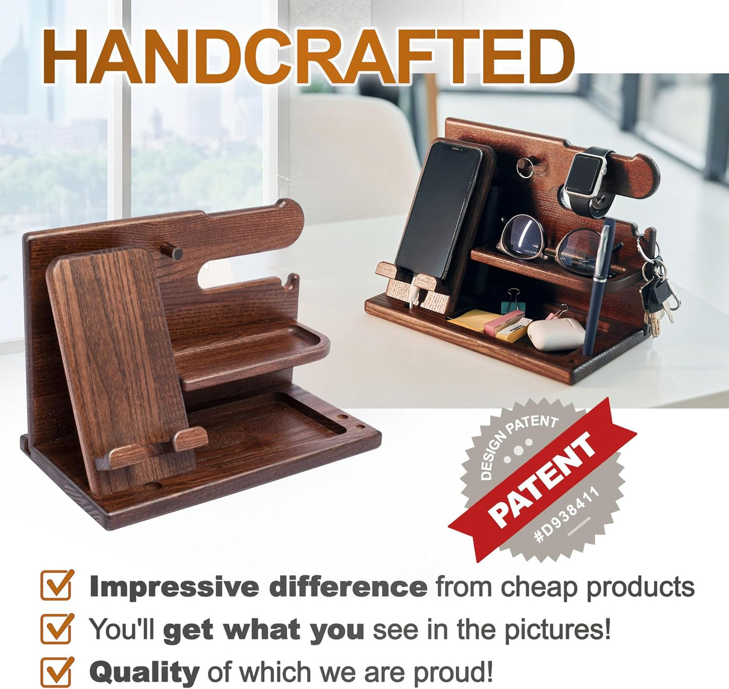 Gifts for Men Wood Phone Docking Station Desk Organizer Fathers Gifts Gifts for Him Xmas Gift Anniversary Birthday Presents Nightstand Key Wallet Stand for Men, Boyfriend, Dad