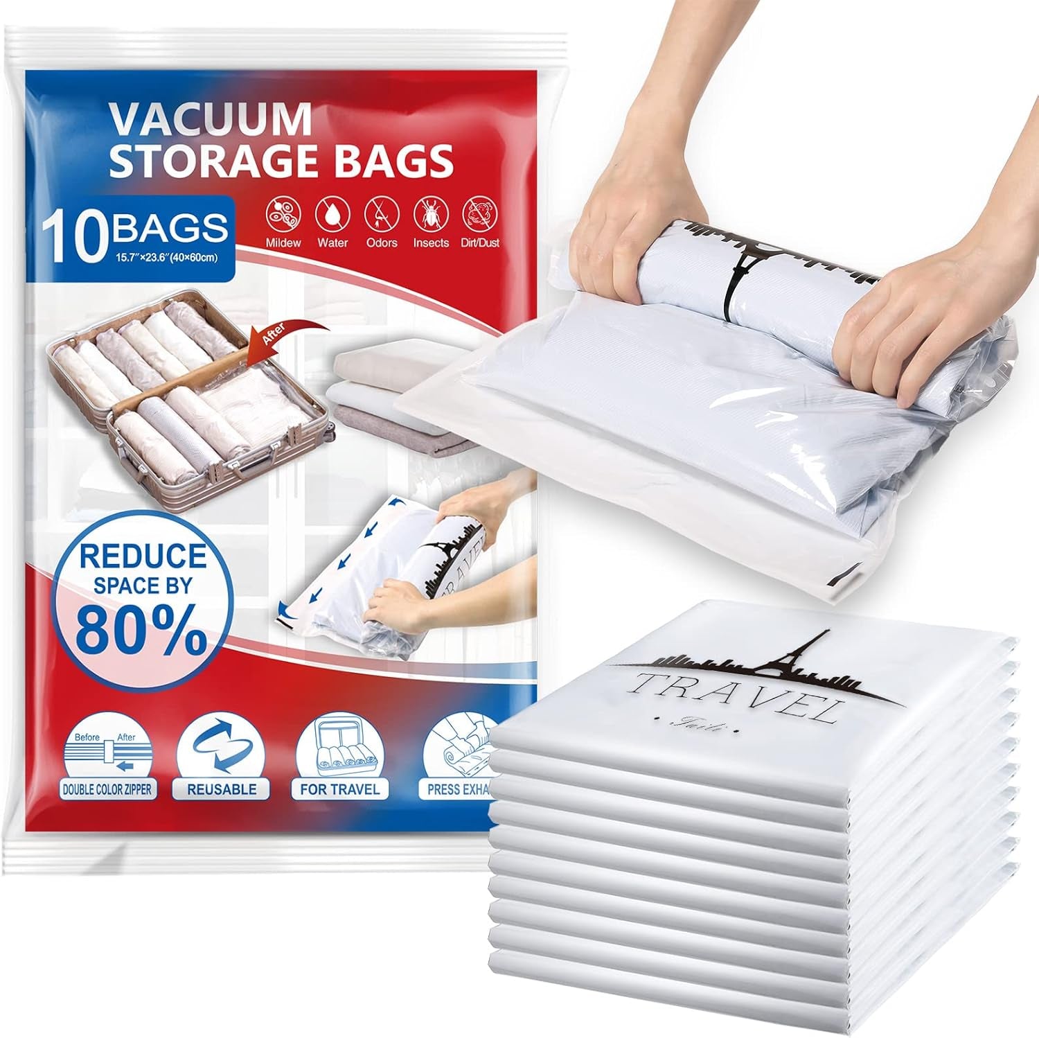 Small Vacuum Bags for Clothes Travel Vacuum Storage Bags 10Pack (40 X 60CM) Reusable Vacuum Storage Bags for Clothes Saves 80% of Storage Space Saver Bags for Clothes, Bedding, Moving