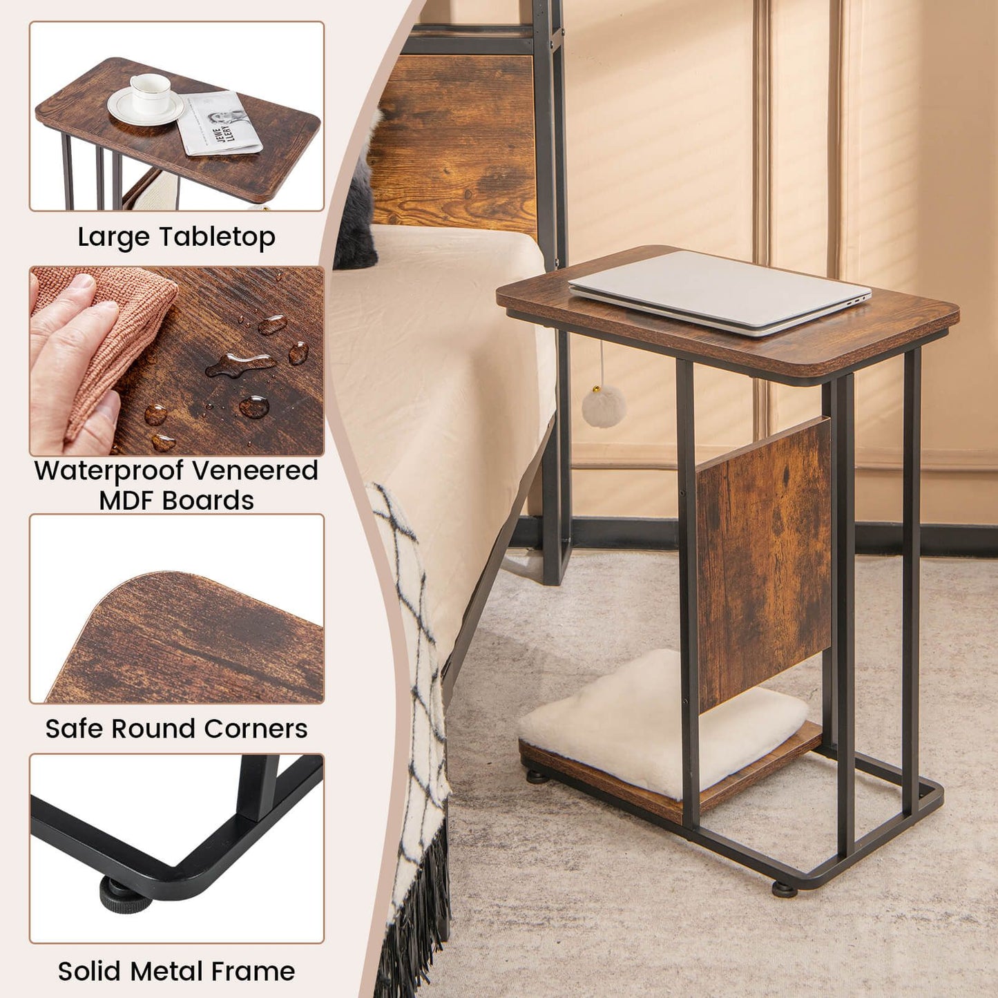 Cat Tree and End Table with Scratching Board and Cushion