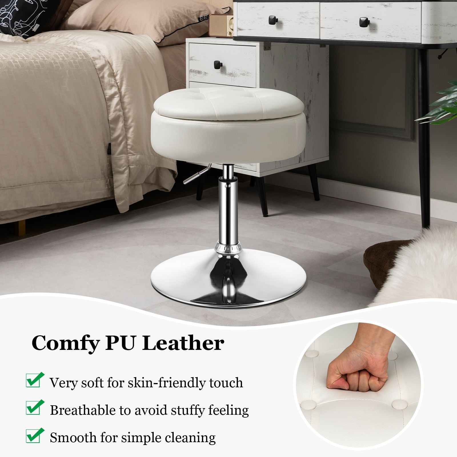 360° Swivel Vanity Stool with Removable Tray Lid