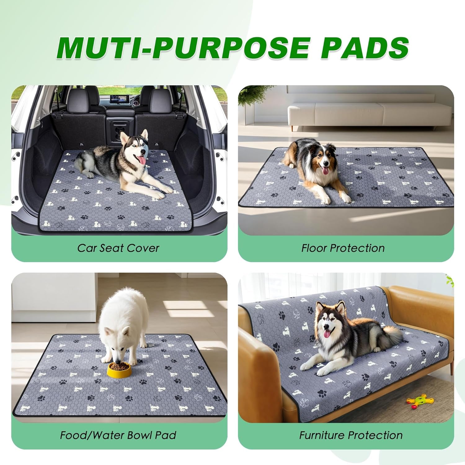 Washable Pee Pads for Dogs Mat, 2 Pack Absorbent Reusable Training Dog Pads Pet Puppy Pads, Non-Slip Potty Pads for Whelping, Playpen, Crate, Bed, Grey 24"X36"