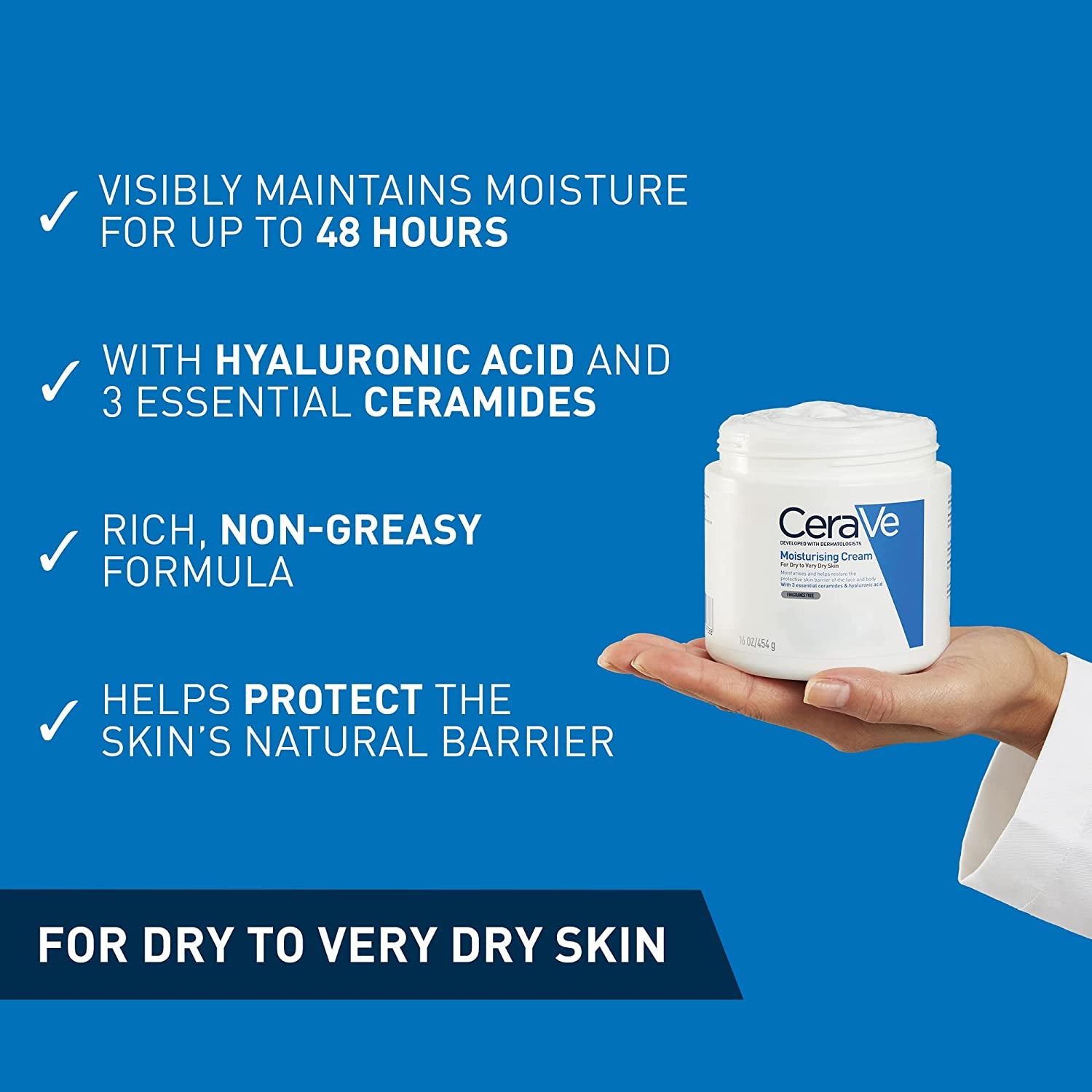 Moisturizing Cream for Face and Body with Essential Ceramides and Hyaluronic Acid, Ideal for Dry to Very Dry Skin, Dermatologist Developed, Fragrance-Free, 454g/16oz