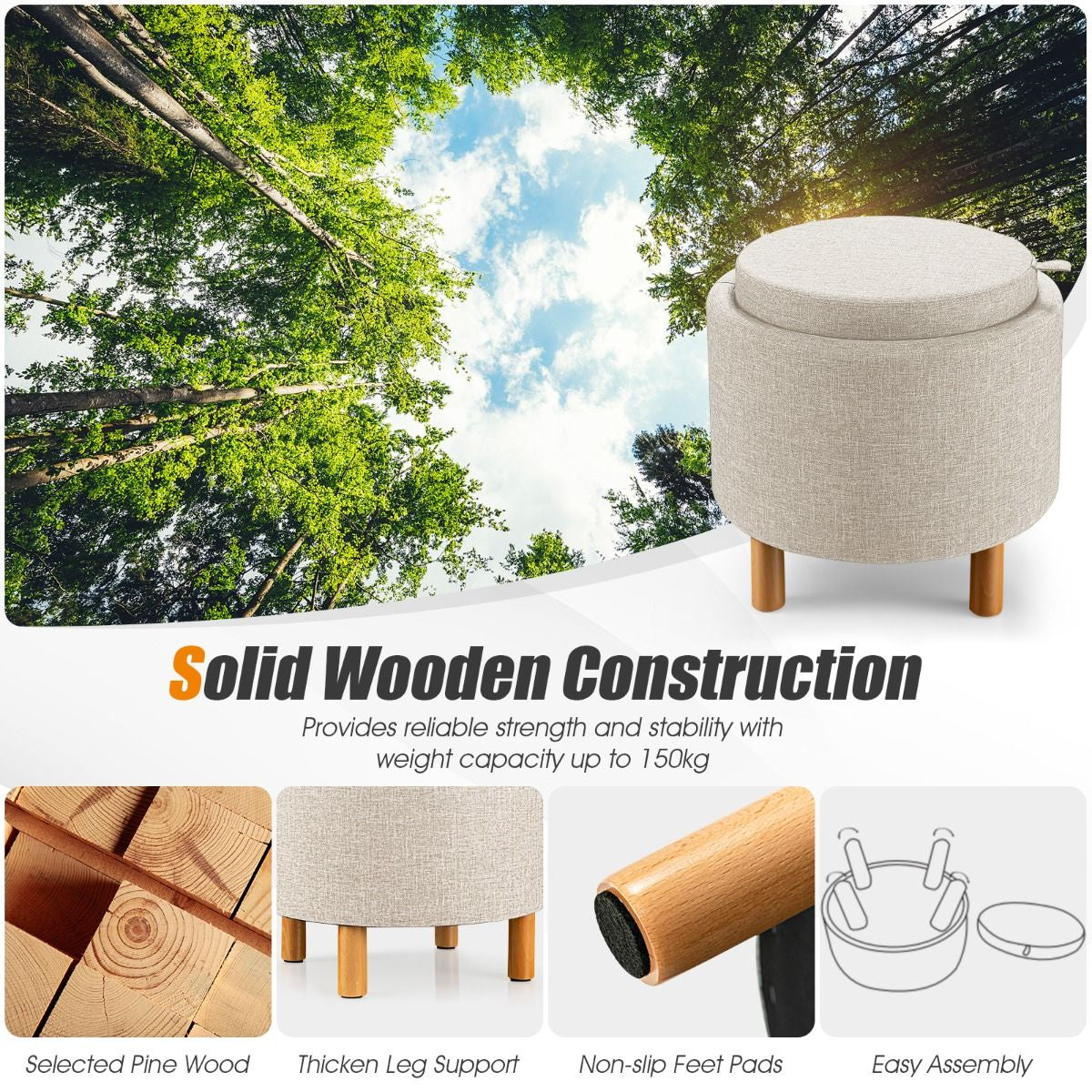 Modern round Padded Storage Ottoman with Hidden Storage Space