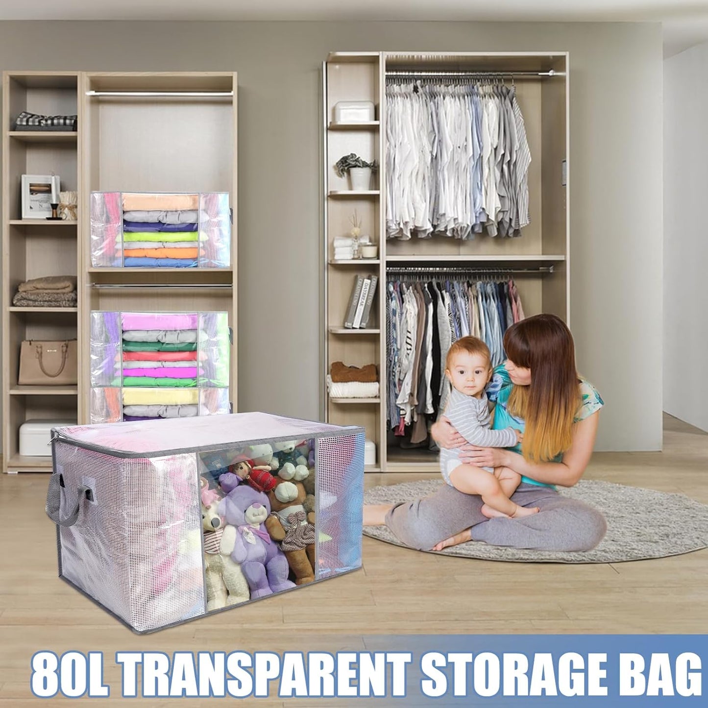 4 Pcs Clear Clothes Storage Bags, 80L Bedding Storage Bags Foldable Storage Bags