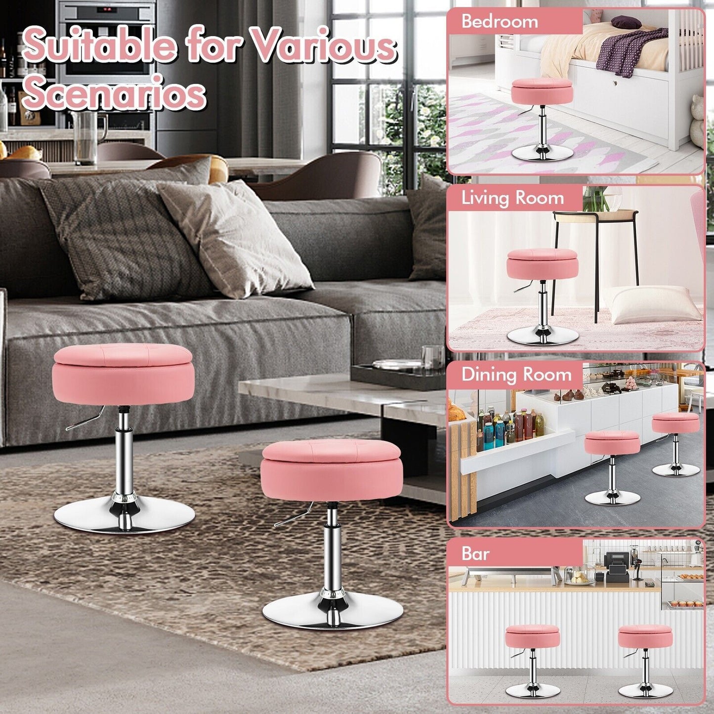 360° Swivel Vanity Stool with Removable Tray Lid