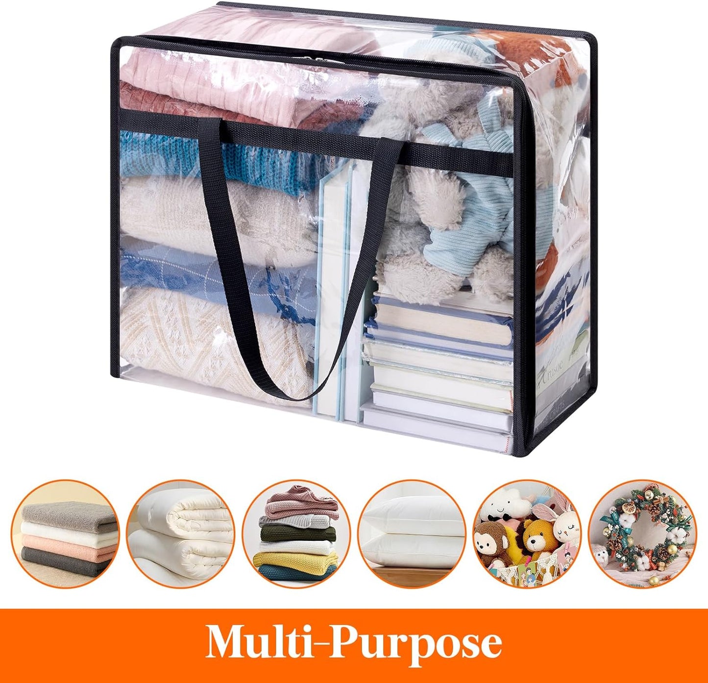 4 Pack Clear Plastic Storage Bags, 40L Foldable Clothes Storage Boxes Wardrobe Organizer Moving Bags with Reinforced Handle for Loft Wardrobe for Bedding Clothes Blanket Duvet