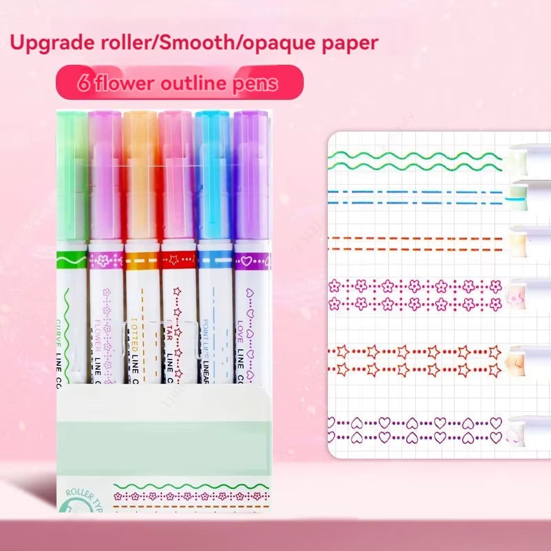 6Pcs/Set Kawaii Flowers Line Shaped Highlighter Pens Roller Tip Curve Liner Marker for Writing Journaling Drawing Stationery