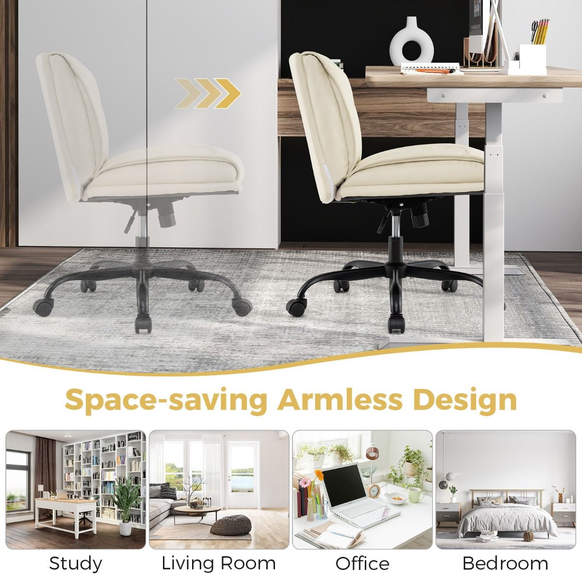 PU Leather Armless Desk Chair with Wide Backrest and Seat