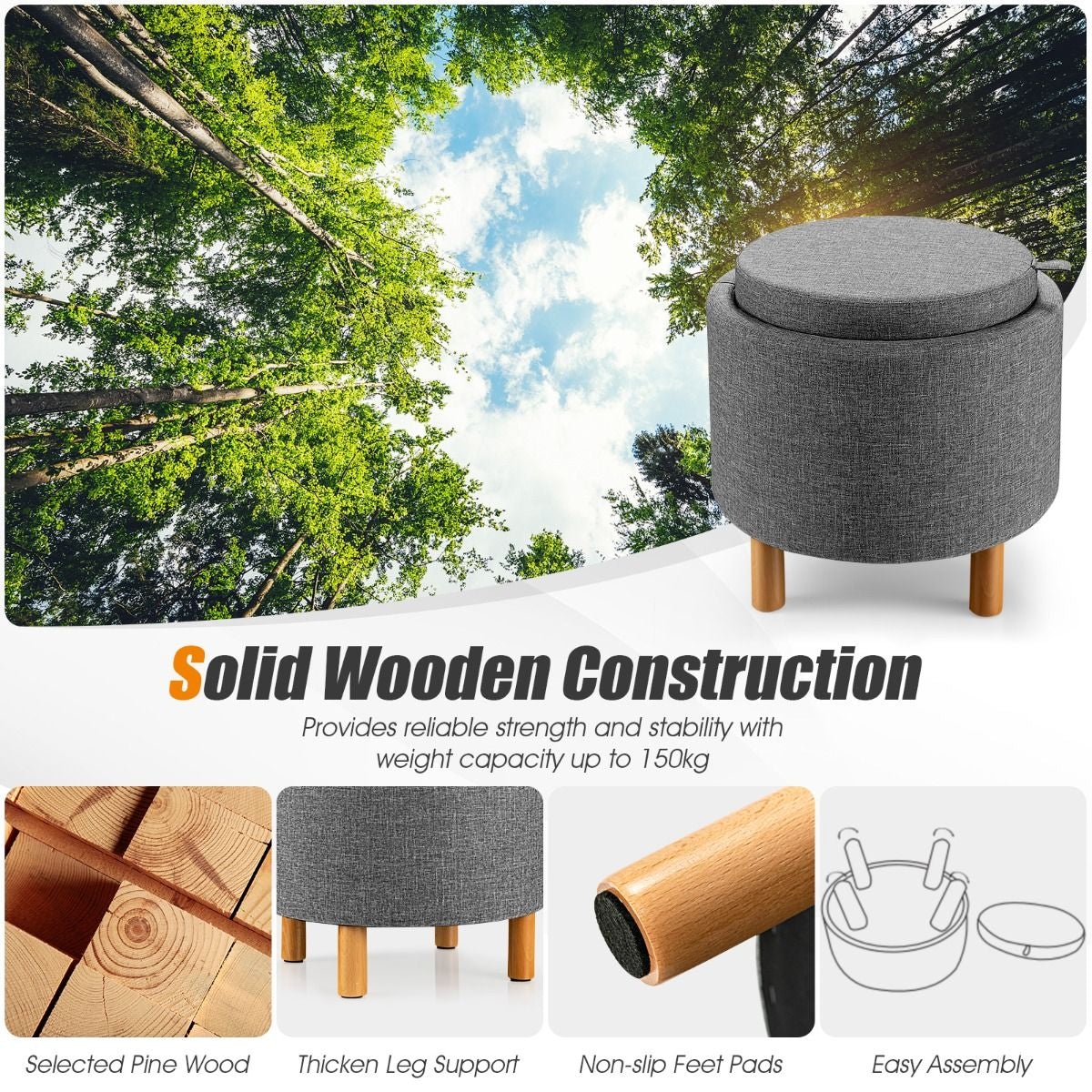 Modern round Padded Storage Ottoman with Hidden Storage Space