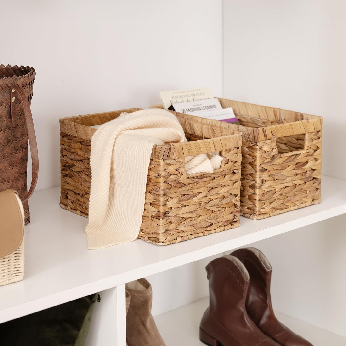 Wicker Storage Baskets for Shelves, Large Shelf Baskets with Handles, Rectangular Wicker Storage Boxes, Woven Basket for Organising Pantry Bathroom, Natural Water Hyacinth, 2-Pack
