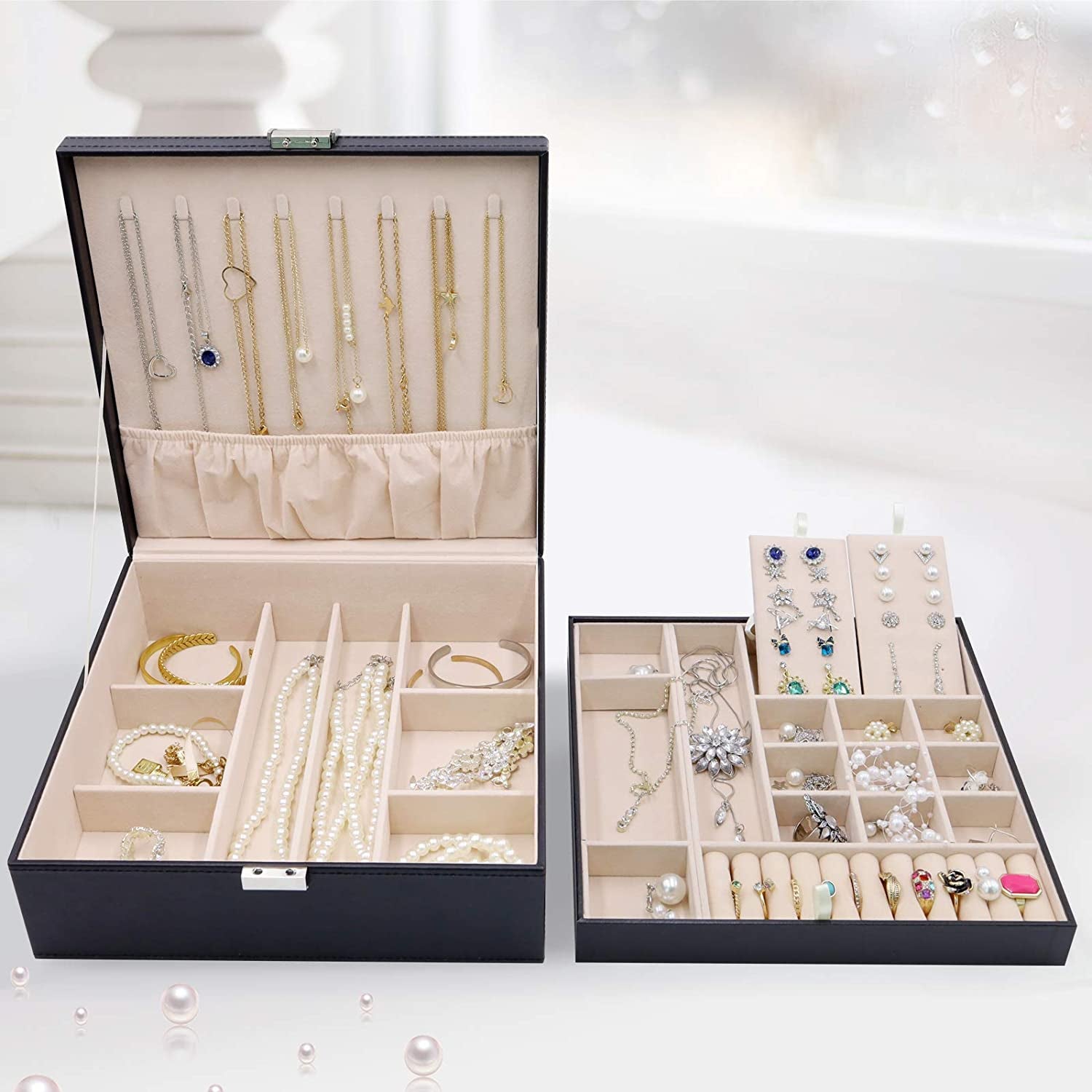 Jewellery Box Organiser, Large Jewellery Boxes with 2 Tiers, Gift Jewellery Storage Cases with Removable Divider for Earrings, Bracelets, Rings, Necklaces -Black