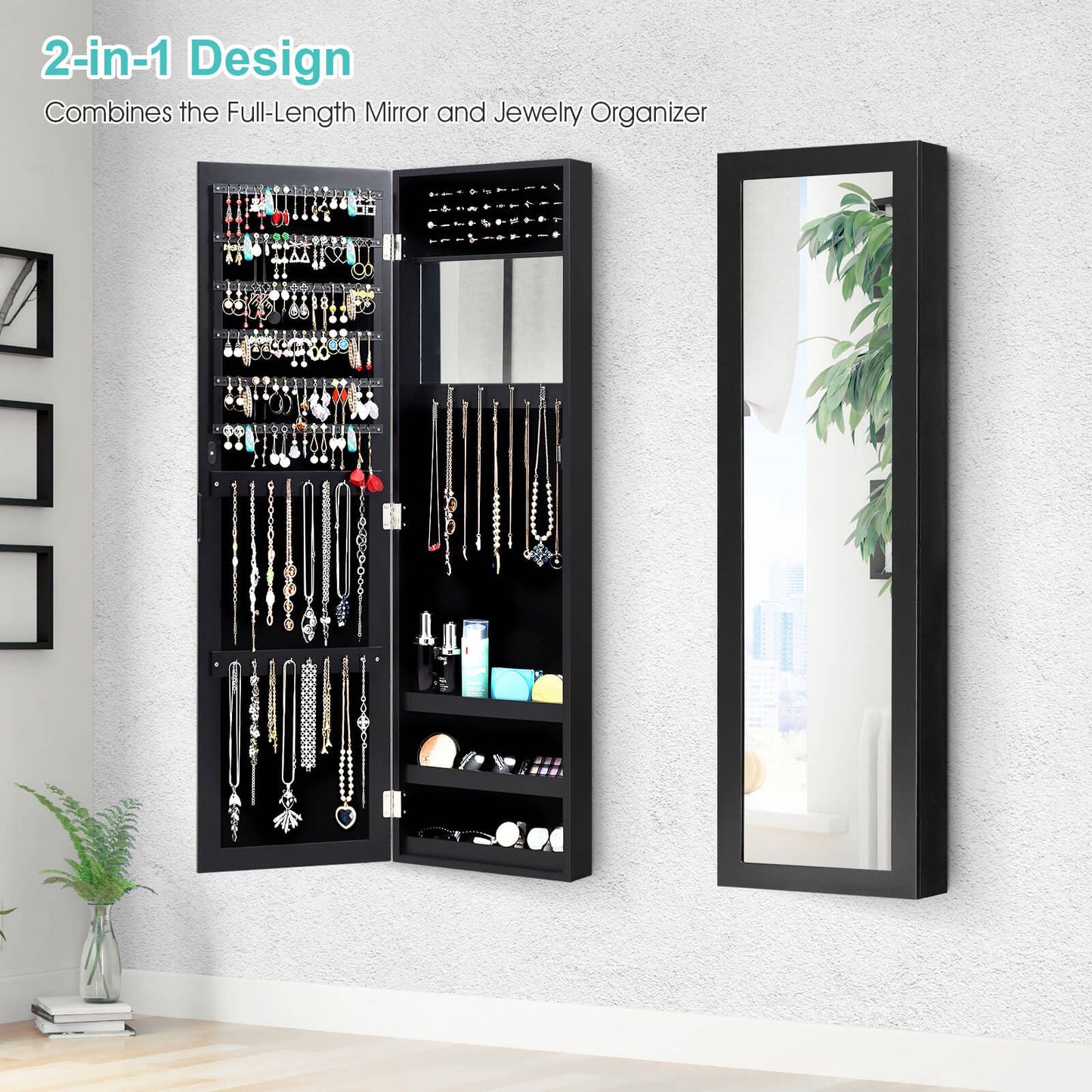 Wall Mounted Jewellery Armoire with Built-In Mirror and 3 Shelves