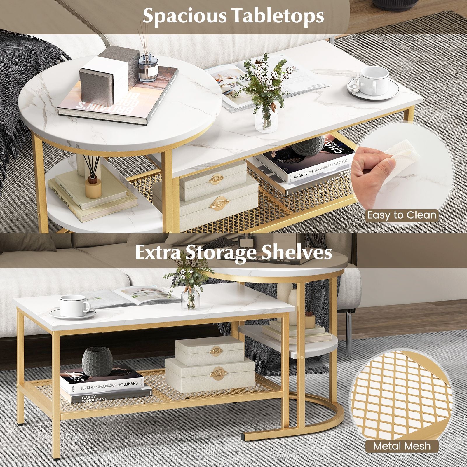 Set of 2 Nesting Coffee Table with Extra Storage Shelf