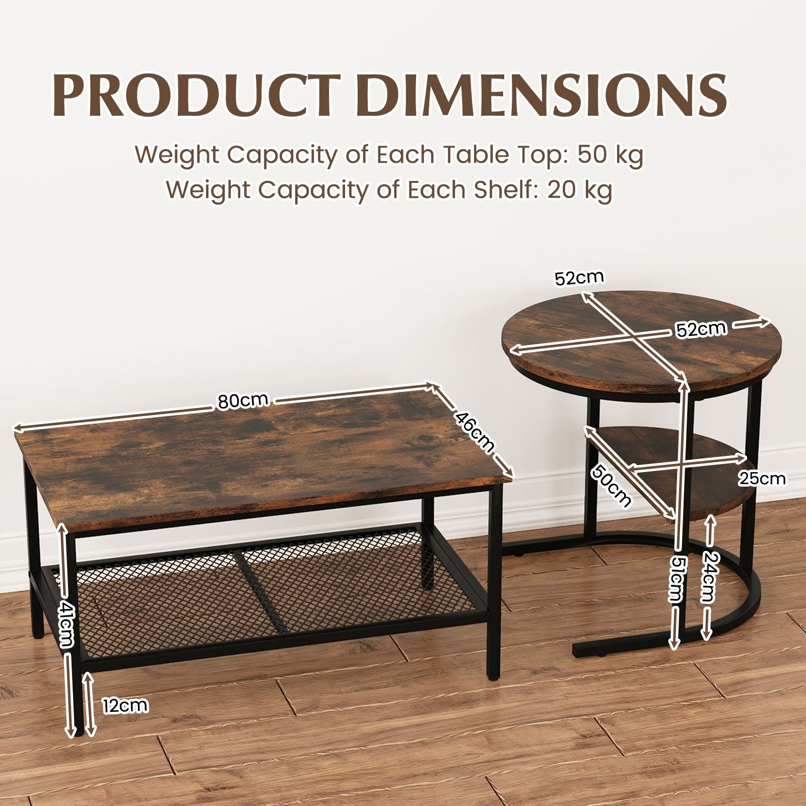 Set of 2 Nesting Coffee Table with Extra Storage Shelf