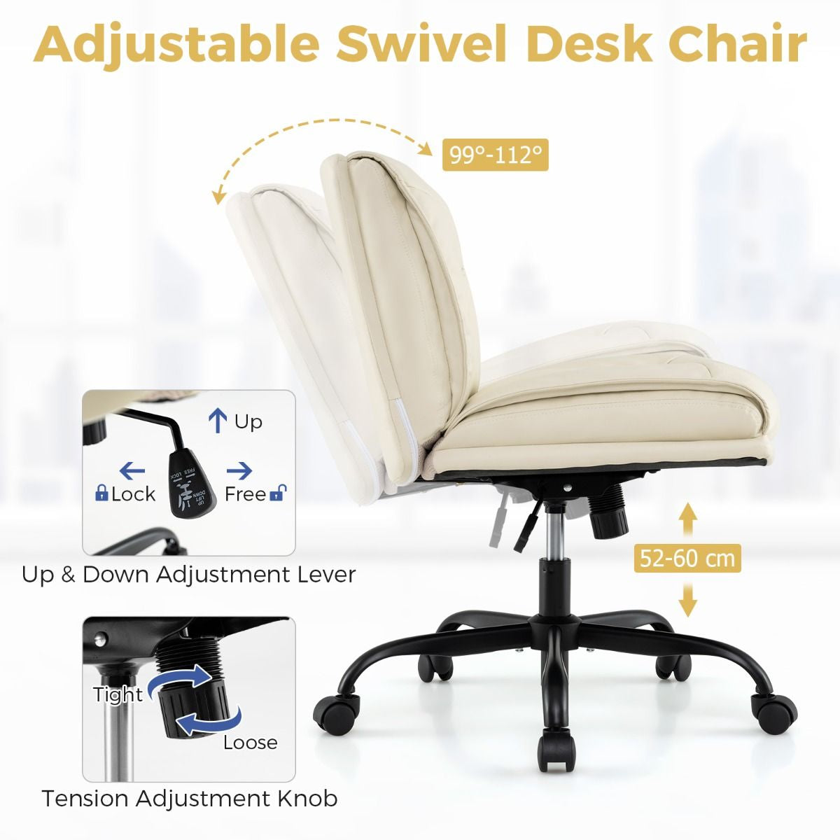 PU Leather Armless Desk Chair with Wide Backrest and Seat