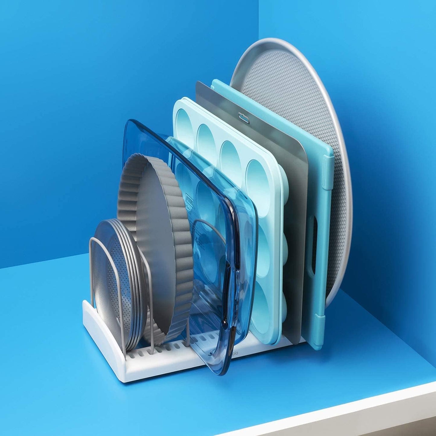 Storemore Adjustable Bakeware Rack, Cookie Sheet, Baking Pan, and Tray Organiser for Kitchen Cupboard and Pantry Storage, Standard, White