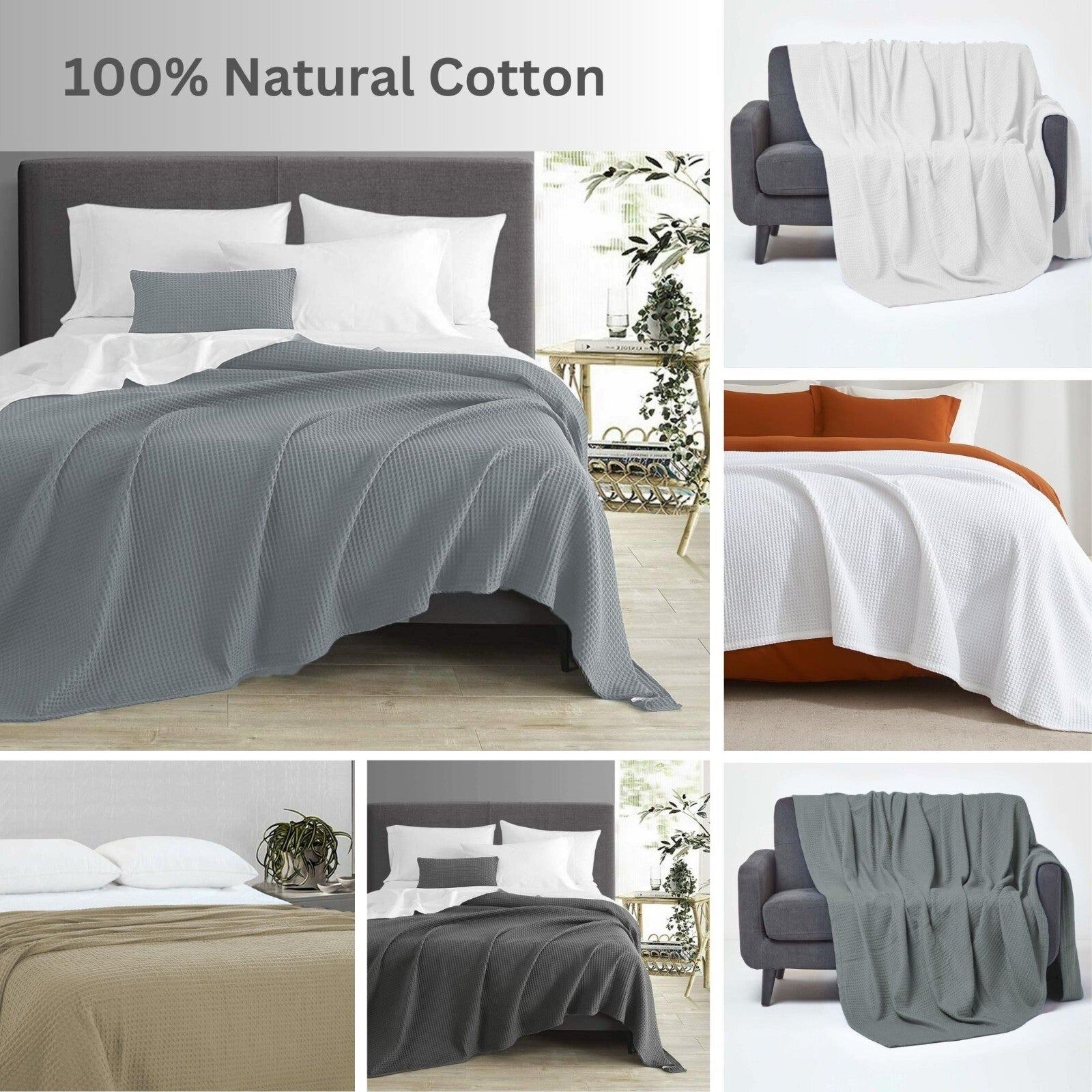 100 PURE COTTON Honeycomb Waffle Throw Snug Warm Sofa Bed Throw Large Pillowcase