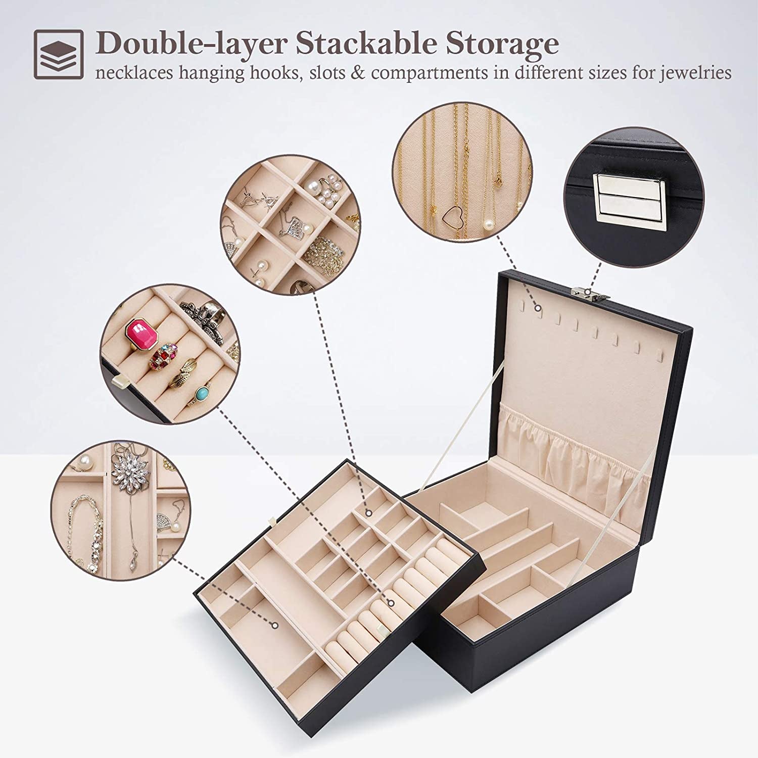 Jewellery Box Organiser, Large Jewellery Boxes with 2 Tiers, Gift Jewellery Storage Cases with Removable Divider for Earrings, Bracelets, Rings, Necklaces -Black