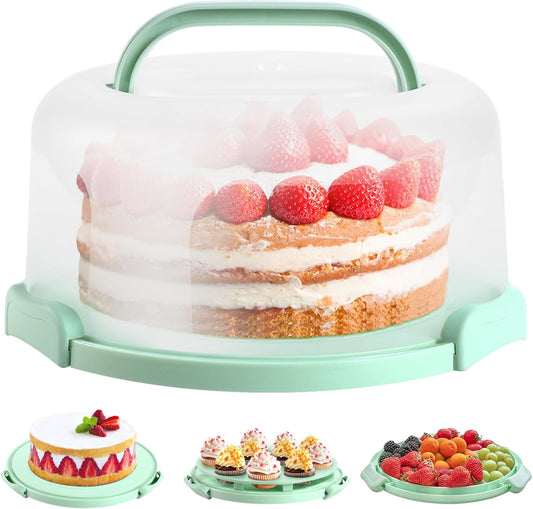 Cake Carrier with Handle, Portable round Cake Container for 10 Inch Cake, Cake Box with Plastic Cover Two Sided Base for Pies Nuts Fruit, Great Gift for Women