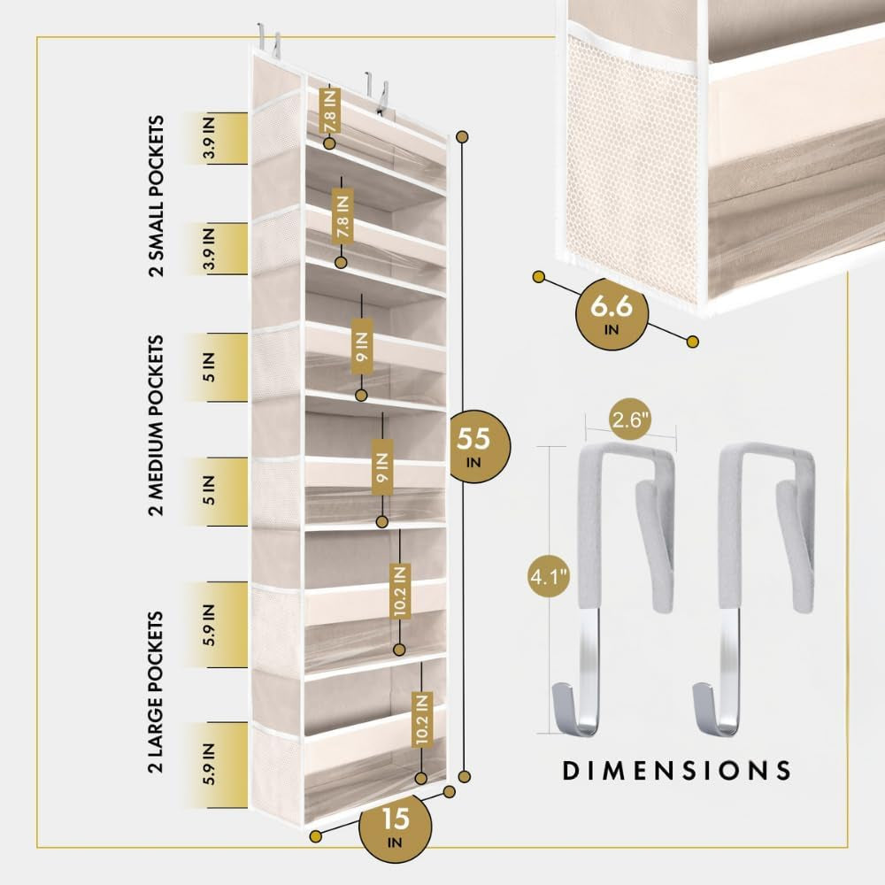 1 PC Heavy Duty over the Door Organizer 55X14X6.7, 6 Large Front & 12 Side Pockets, Hanging Storage Closet Door Organizer for Bedroom, Bathroom and Baby Nursery Storage (Ivory)