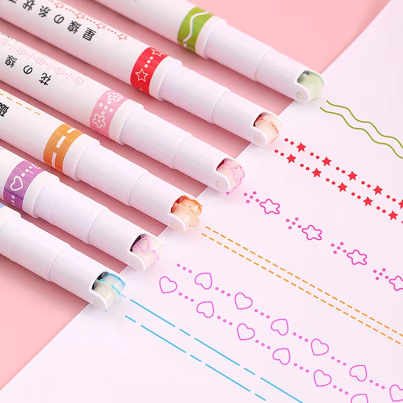 6Pcs/Set Kawaii Flowers Line Shaped Highlighter Pens Roller Tip Curve Liner Marker for Writing Journaling Drawing Stationery
