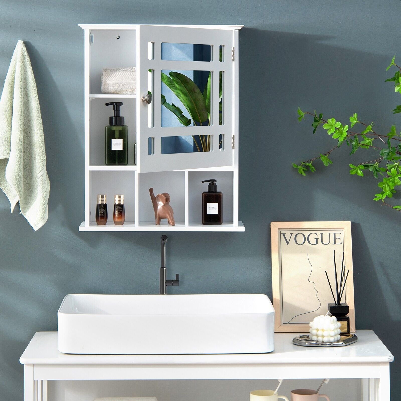 Mirror Door Cabinet with Adjustable Shelf and 3 Compartments