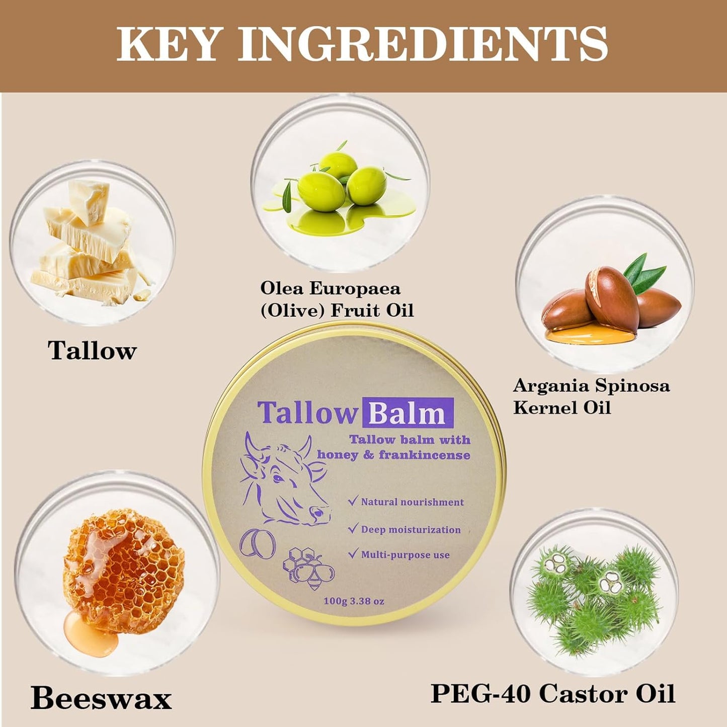 Tallow and Honey Balm with Frankineense - Beef Tallow Skin Care Balm for Dry Skin - Tallow Face Cream for Face and Body - Beef Tallow Moisturiser - Tallow Honey Balm for Soothing, Moisturizing