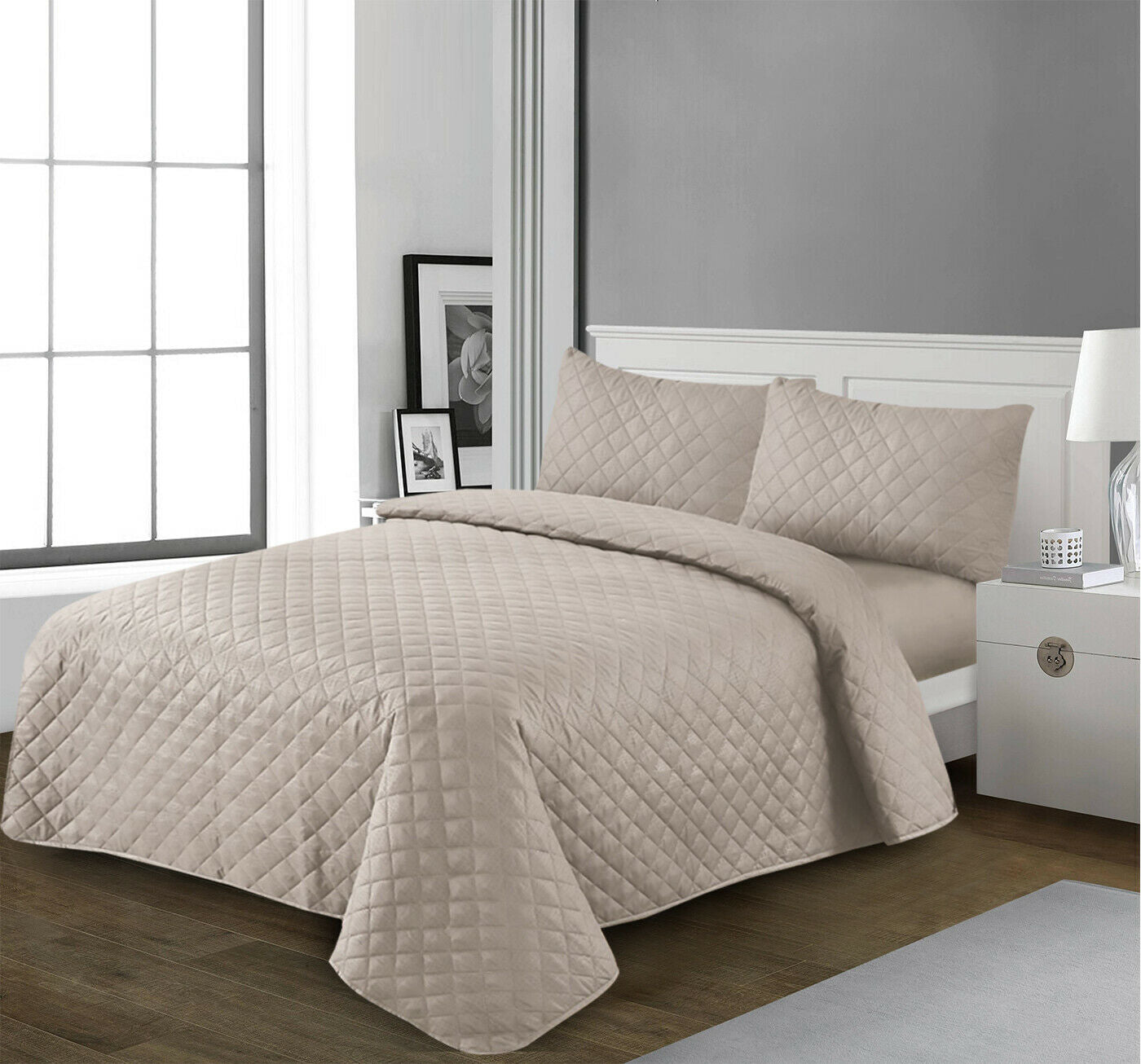 LUXURY EMBOSSED QUILTED BEDSPREAD SOFA THROW 3Pcs BEDDING SET COMFORTER DOUBLE