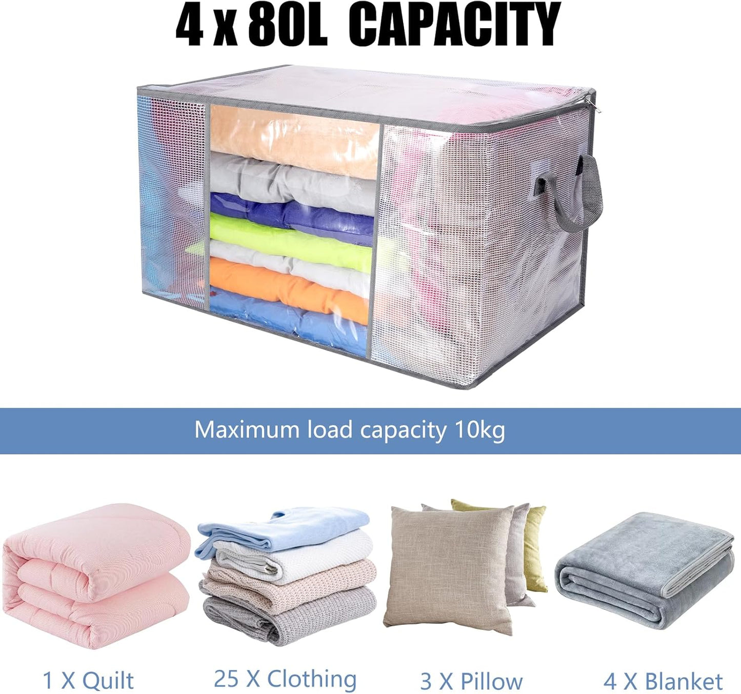 4 Pcs Clear Clothes Storage Bags, 80L Bedding Storage Bags Foldable Storage Bags