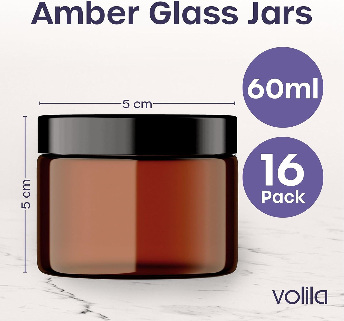 16-Pack Amber Glass Jars (60ml) with Lids - Brown Travel Cosmetic Containers with Spatula - UV Protection for Powders, Lotions, and Creams
