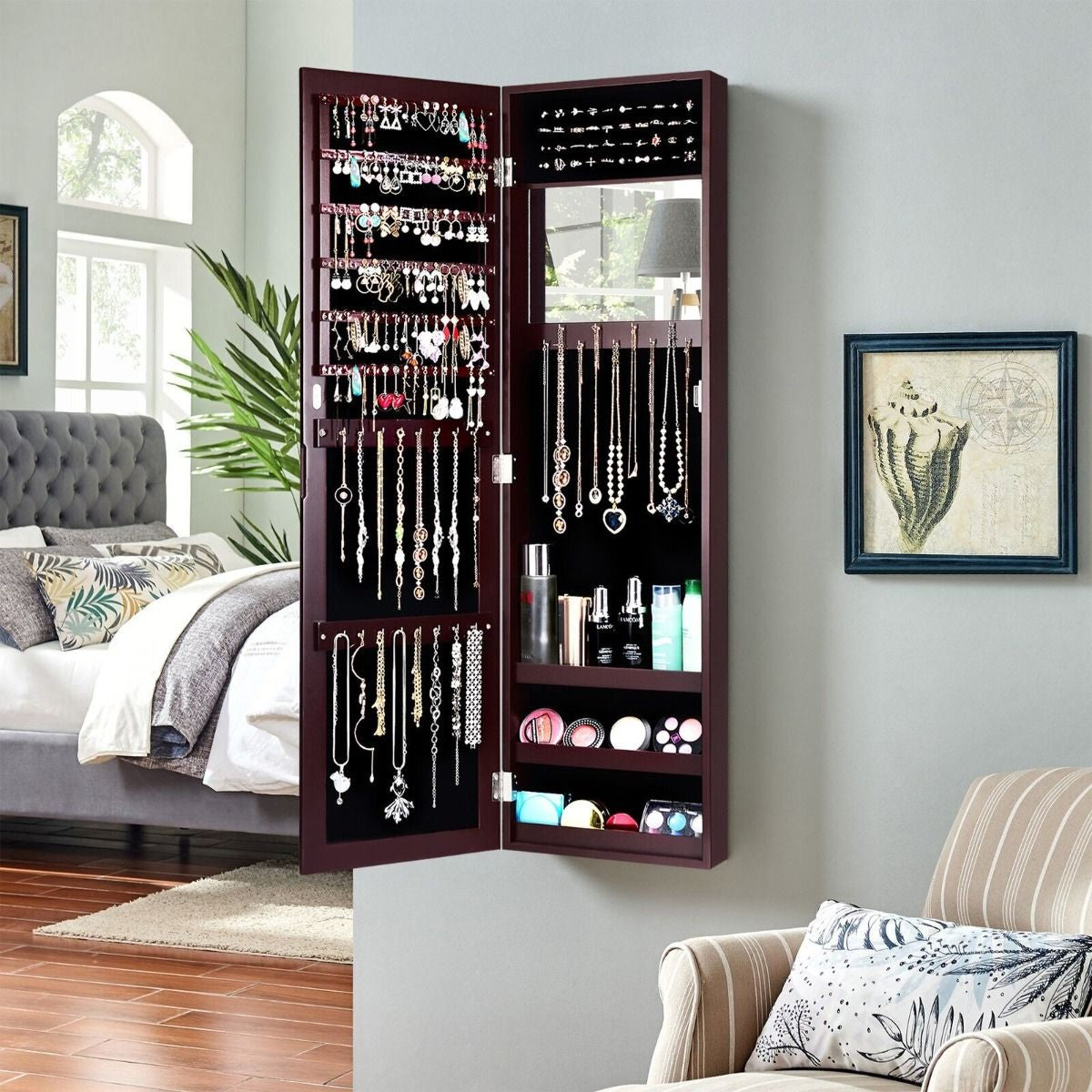 Wall Mounted Jewellery Armoire with Built-In Mirror and 3 Shelves