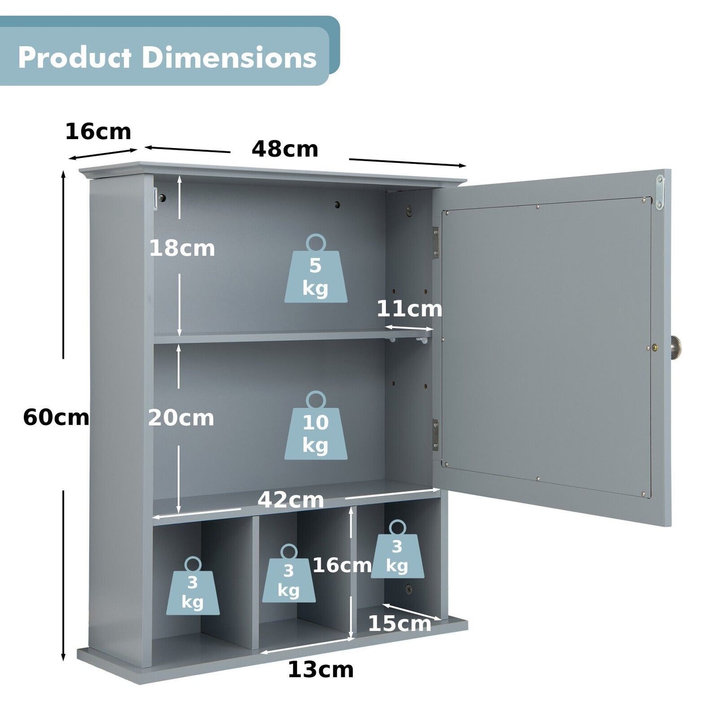 Mirror Door Cabinet with Adjustable Shelf and 3 Compartments