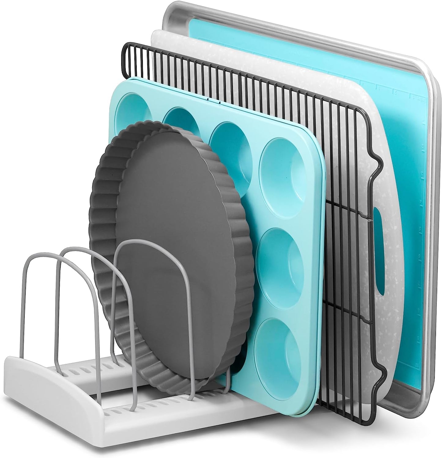 Storemore Adjustable Bakeware Rack, Cookie Sheet, Baking Pan, and Tray Organiser for Kitchen Cupboard and Pantry Storage, Standard, White