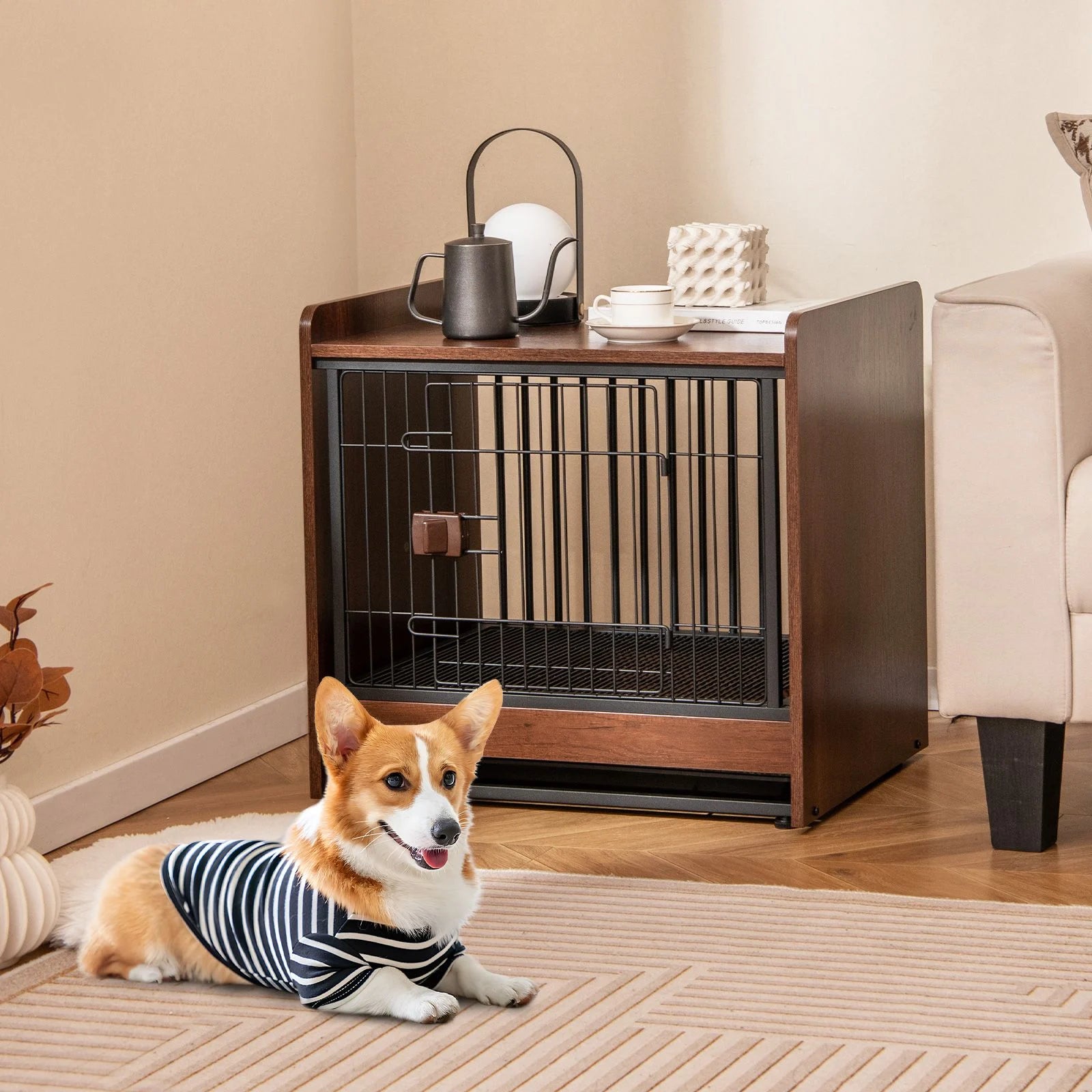 Indoor Dog Crate Furniture with Removable Tray and Lockable Door