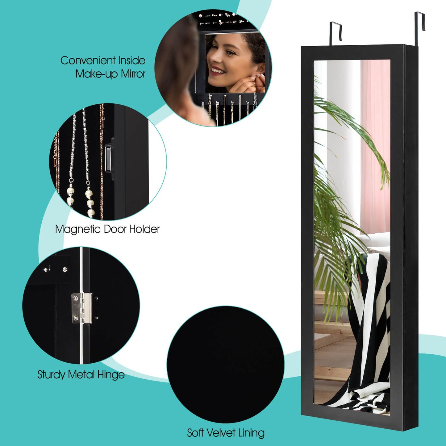 Wall Mounted Jewellery Armoire with Built-In Mirror and 3 Shelves