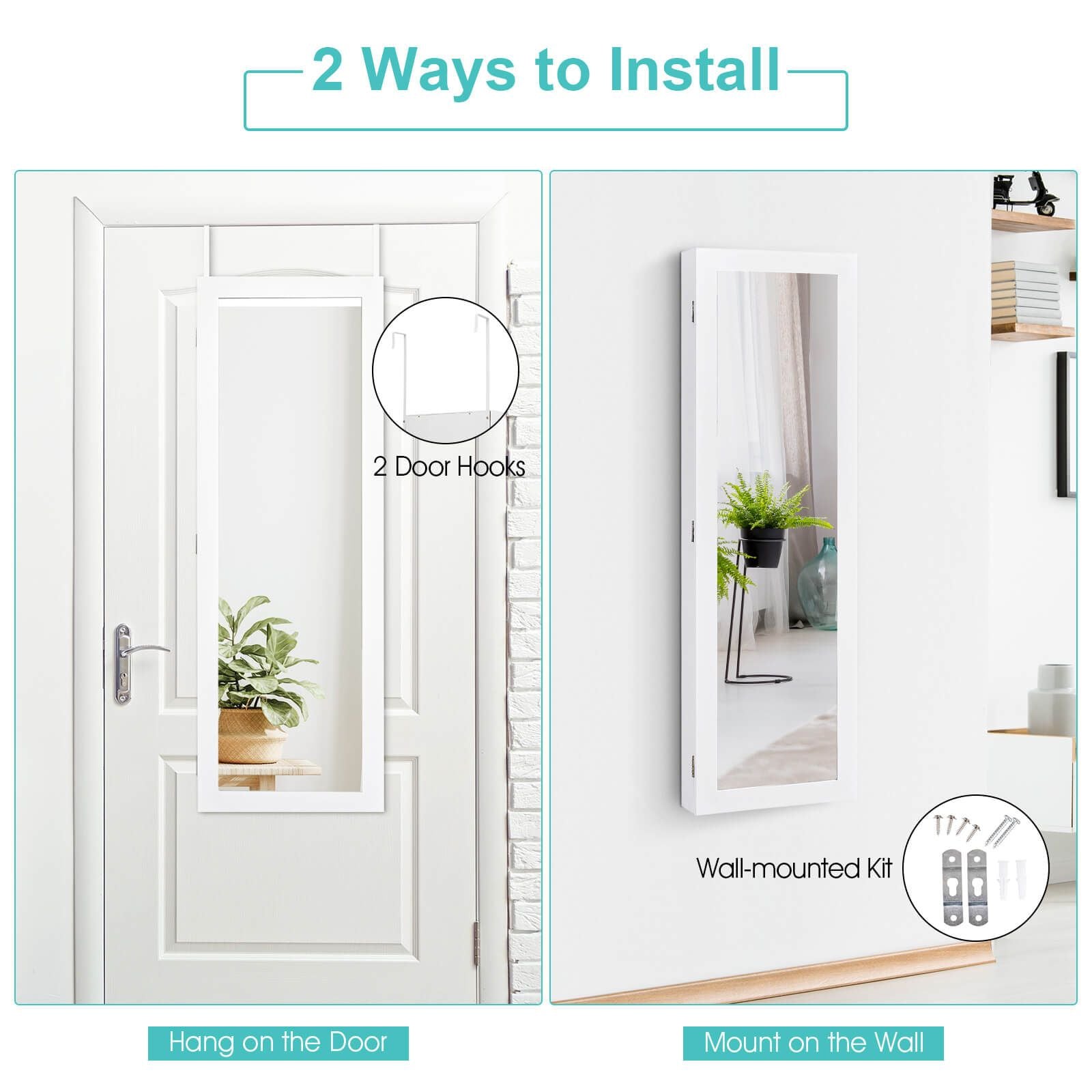 Wall Mounted Jewellery Armoire with Built-In Mirror and 3 Shelves