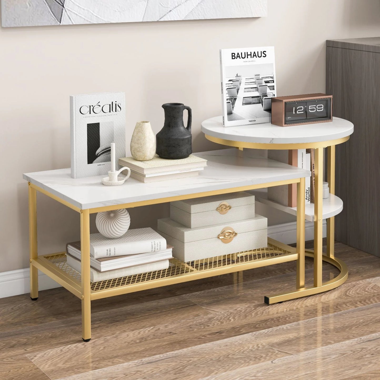 Set of 2 Nesting Coffee Table with Extra Storage Shelf