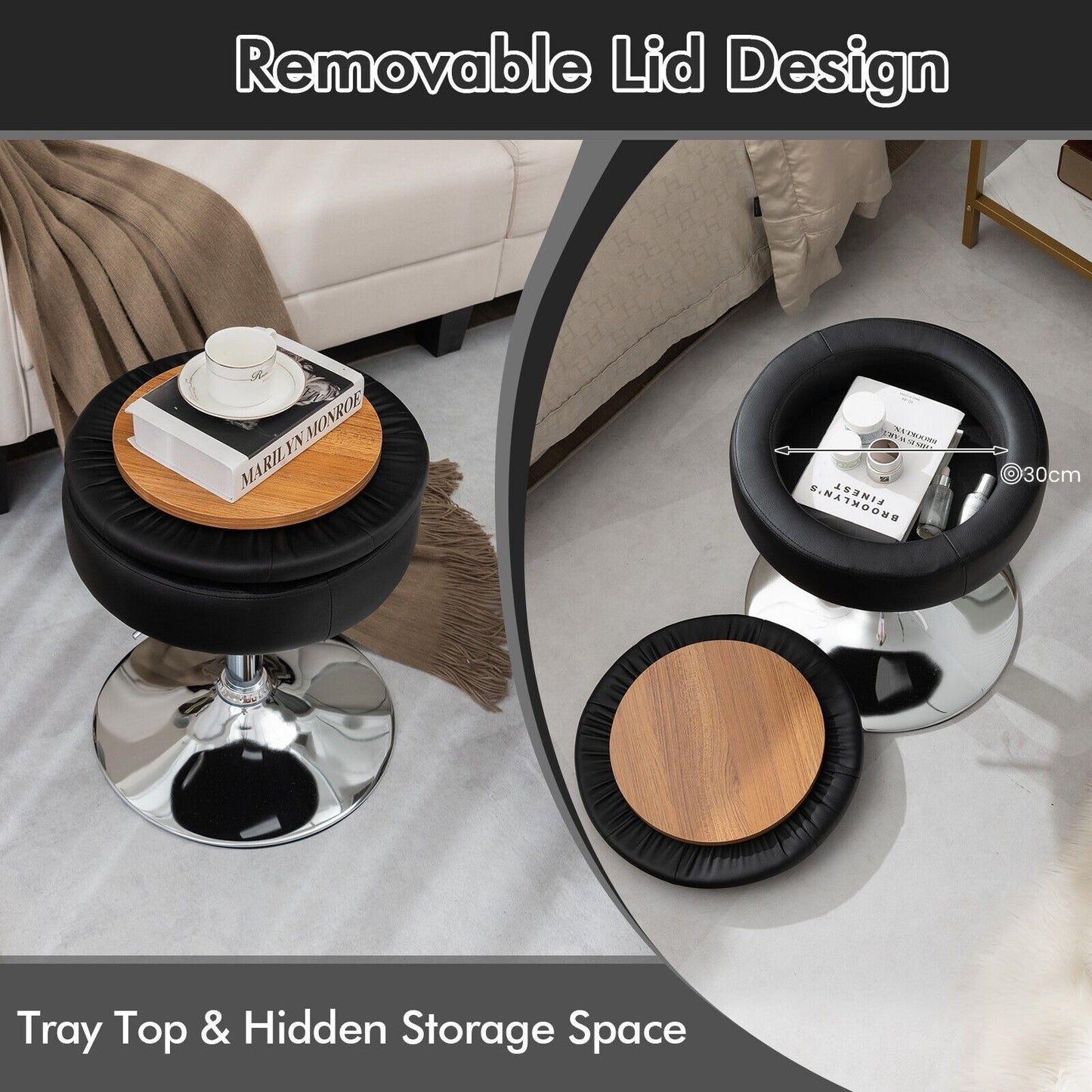 360° Swivel Vanity Stool with Removable Tray Lid