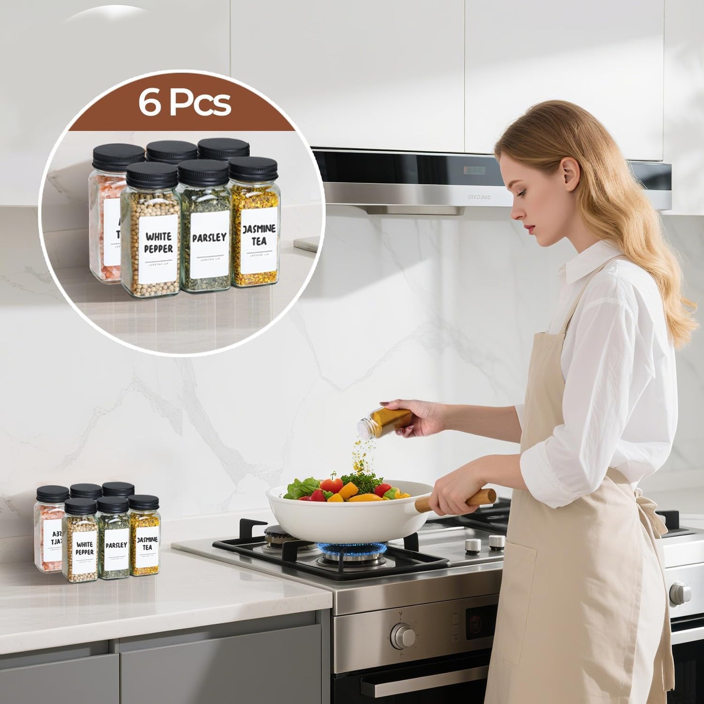 6Pcs 120Ml Glass Spice Jars with Shaker Lids and Labels, Spice Jars Trial Set & Supplement Set, Empty Spice Containers and Square Spice Bottles for Kitchen and Seasoning