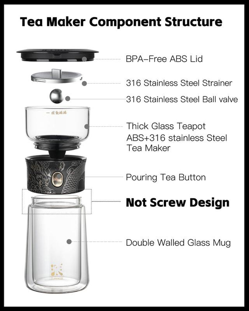 ZENS Modern Glass Tea Infuser Set Special Black Dragen Color– Perfect Loose Leaf Tea Maker with Insulated Mug & Portable Case – Ideal Gift and Christmas Gift for Tea Lovers Chritmas Gift