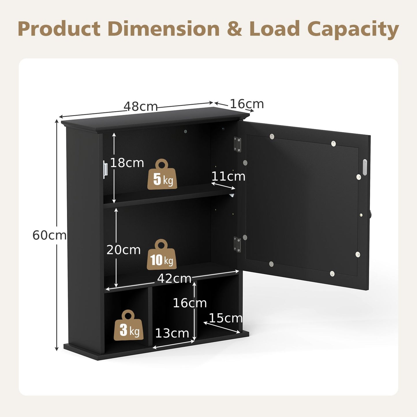 Mirror Door Cabinet with Adjustable Shelf and 3 Compartments