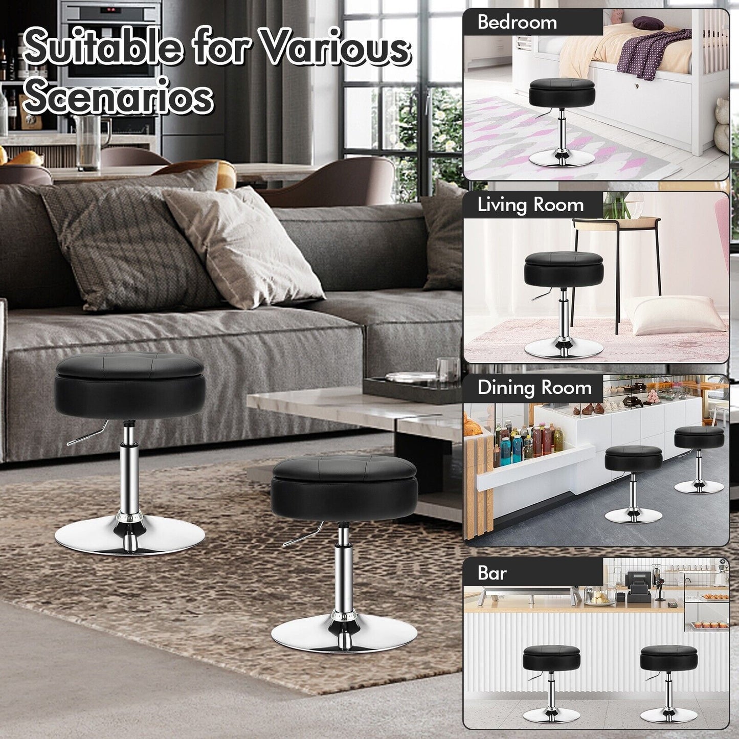 360° Swivel Vanity Stool with Removable Tray Lid
