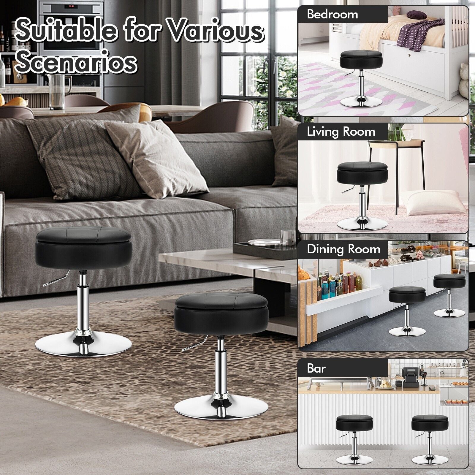 360° Swivel Vanity Stool with Removable Tray Lid