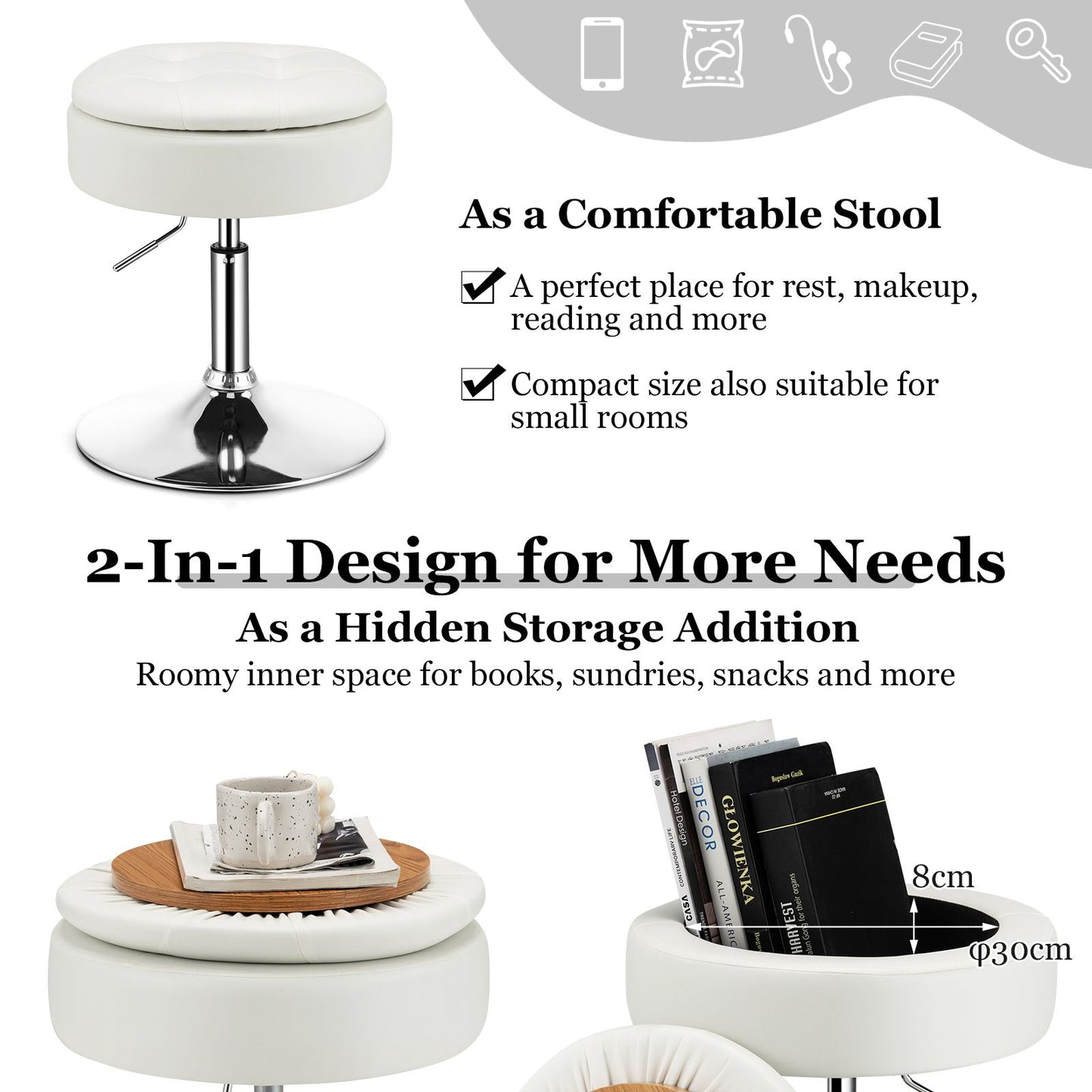 360° Swivel Vanity Stool with Removable Tray Lid